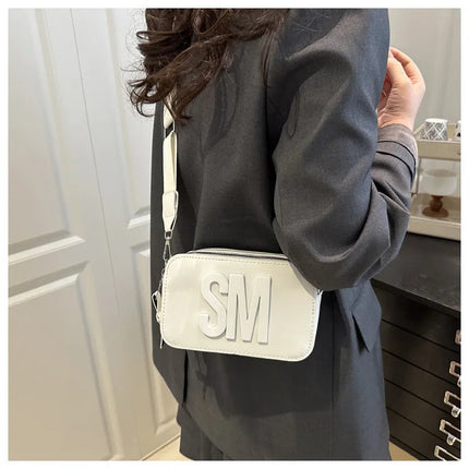 Chic SM Letter Camera Bags, Stylish Women’s Crossbody Small Square Purses with Wide Patterned Straps, Perfect for Daily Casual PlatiNum