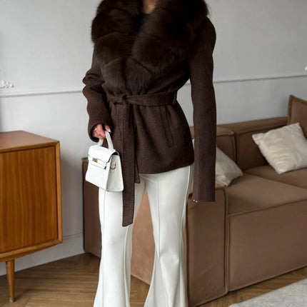 Brown Faux Fur Collar Wool Blend Belted Coats Elegant Wrap V Neck Long Sleeve Lace Up Jackets 2026 Lady Winter Autumn Outwear