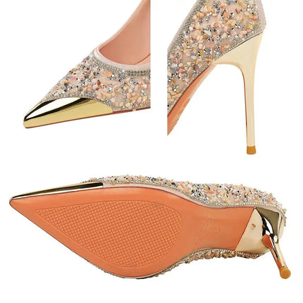 BIGTREE Scarpe Tomaia per scarpe con strass Décolleté da donna Tacchi a spillo 9,5 cm Punta a punta in metallo Tacchi alti Décolleté in cristallo di lusso Lady platinumshop