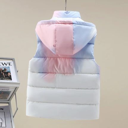 #3622 Tie Dye Hooded Sleeveless Jacket Women Zipper Sim Fit Warm Vest Waistcoat Female Outerwear Veste Unisex Autumn Winter 2024