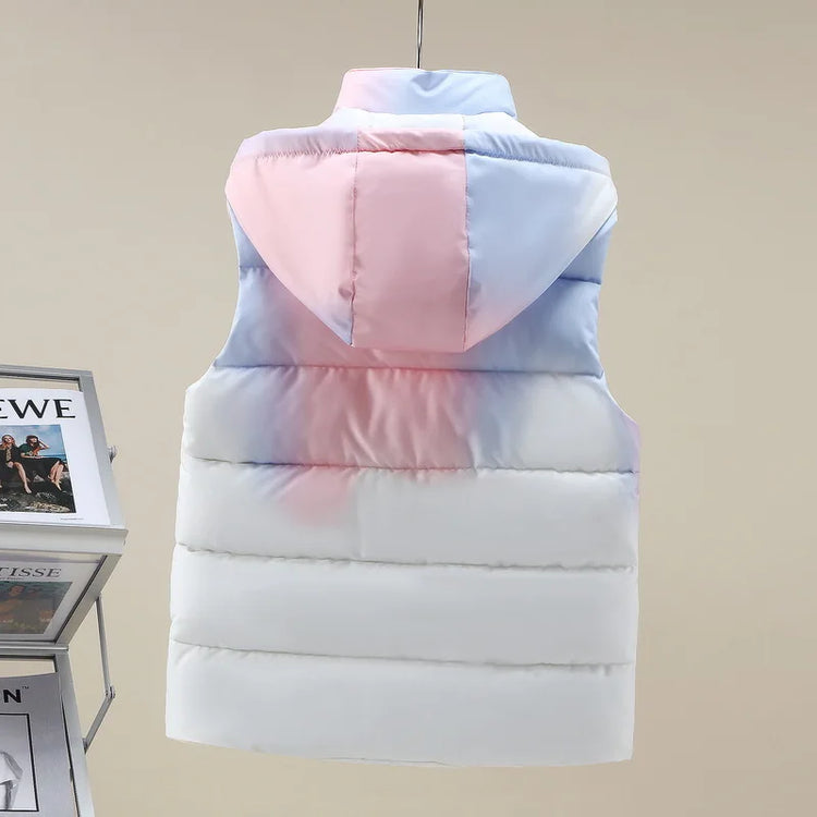 #3622 Tie Dye Hooded Sleeveless Jacket Women Zipper Sim Fit Warm Vest Waistcoat Female Outerwear Veste Unisex Autumn Winter 2024