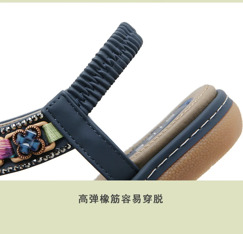 Summer 2025 Pomesian Rhinestones Comfortable And Casual Beach Flat Sandals For Women Ethnic Style Leisure Comfortable And Simple
