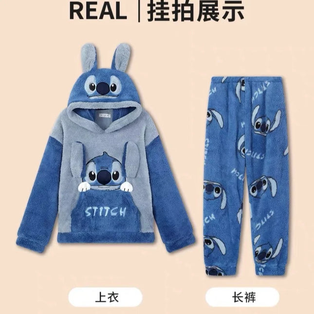 Anime Stitch Pajamas Cute Winter Flannel Thick Sleepwear Set Couple Homewear Warm Comfortable Windproof Long Sleeved Pants Gift