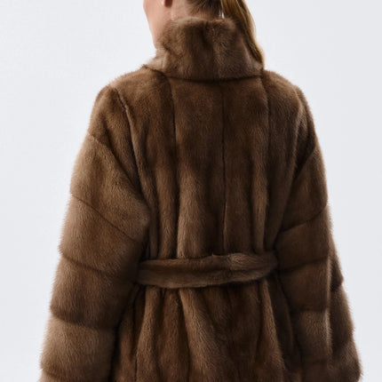 IG 2026 Women Stand Collar Belted Waist Faux Mink Fur Jacket Loose Long Sleeve Luxury Elegant Winter Party Daily Outer Coat