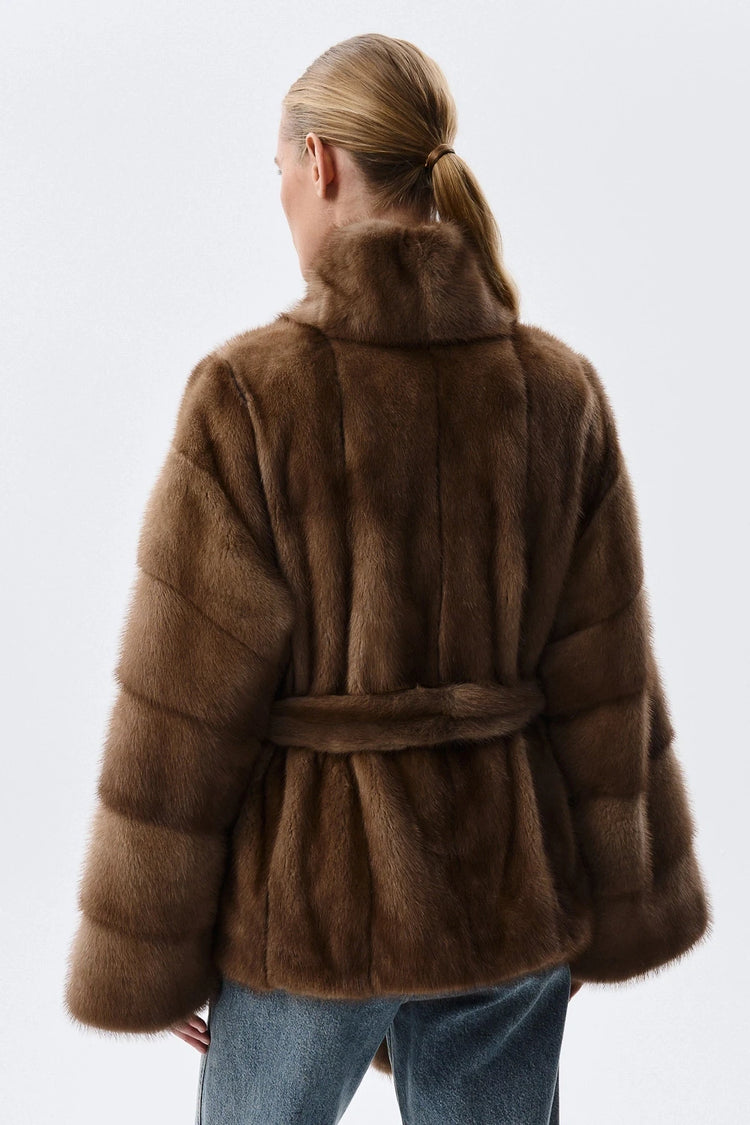 IG 2026 Women Stand Collar Belted Waist Faux Mink Fur Jacket Loose Long Sleeve Luxury Elegant Winter Party Daily Outer Coat