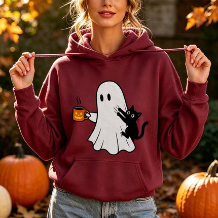 Ghost Black Cat Coffee Print Halloween Hoodie Spooky Season Graphic Pullover Women Fall Holiday Daily Wear Top Hoodies Women