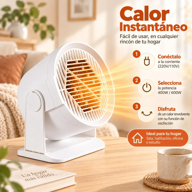 600W Portable Mini Electric Heater with Automatic Oscillation and 2 Power Levels, Compact Low-Consumption Desktop Heater for Home and Office, 16x10x17cm White