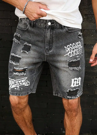 Pantaloncini effetto consumato da uomo all'ingrosso, jeans alla moda, stile casual estivo, vita media, colore chiaro, tessuto