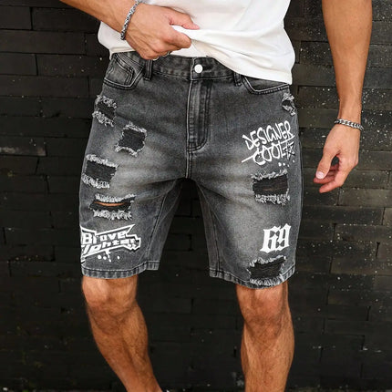 Pantaloncini effetto consumato da uomo all'ingrosso, jeans alla moda, stile casual estivo, vita media, colore chiaro, tessuto