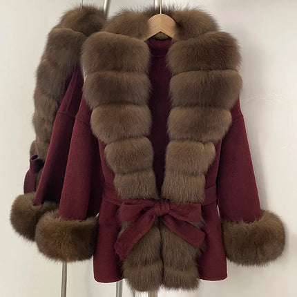 Real Fur Wool Jacket Fashion Reality Fur Jacket Women Natural Fox Fur Cuffs Winter Clothing Female Elegant with Belt Woolen Coat
