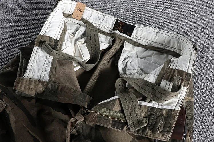 Heavyweight Camouflage Pants Men Clothing Multi-pockets Solid Color Patchworked Outdoor Trousers Retro Cargo Casual Wear Jogger