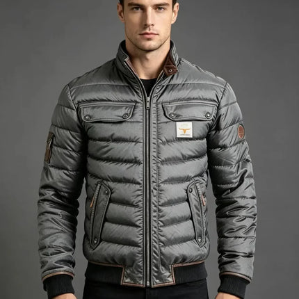 Men Winter Quilted Bomber Jacket Faux Leather Spliced Stand Collar Windproof Warm Coat Male Vintage Cowboy Badge Casual Outerwea