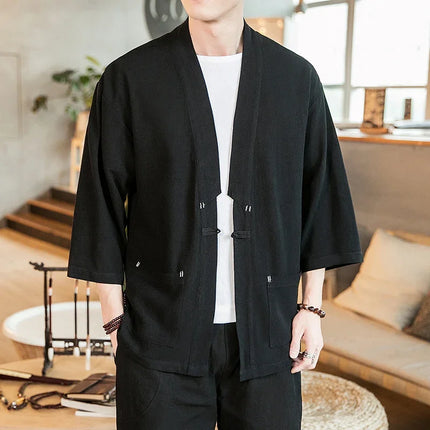 Kimono Camicia da uomo Samurai giapponese Cardigan tinta unita retrò Stile cinese Cotone Lino Yukata Haori Cappotto da uomo allentato Streetwear