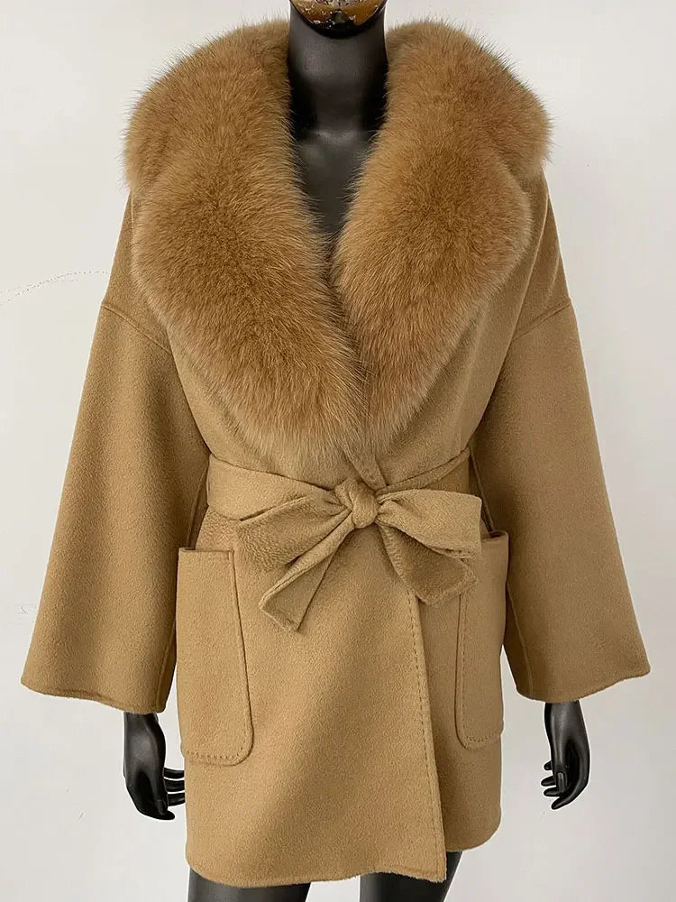 CXFS 2025 Winter Fashion Women Double-sided Wool Cashmere Coat with Detachable Natural Fox Fur Collar New design suit collar
