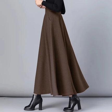 New Women Thick Woolen Skirt Autumn Winter Fashion Elastic High Waist A-Line Long Plaid Skirt Elegant Easy Match Wool Skirt PlatiNum