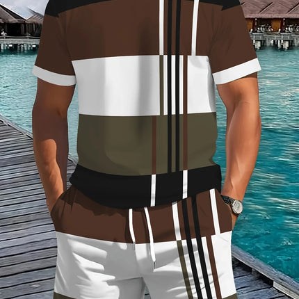 2026 Summer New Arrival Men's Casual Two-piece Set 2026 Striped Print Short Sleeve Shirt and Sports Shorts Men's Fitness Set