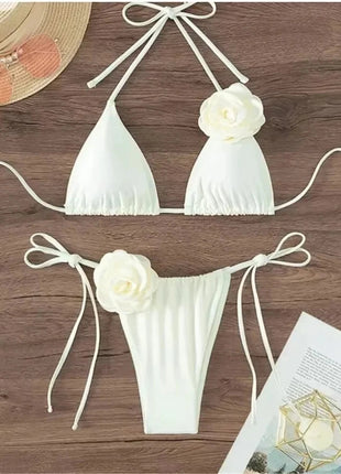 Costume da Bagno Sexy con Fiori e Fascia, Bikini a Perizoma 2025, Costumi da Bagno Donna con Lacci, Set Bikini Brasiliano, Biquini Mujer platinumshop