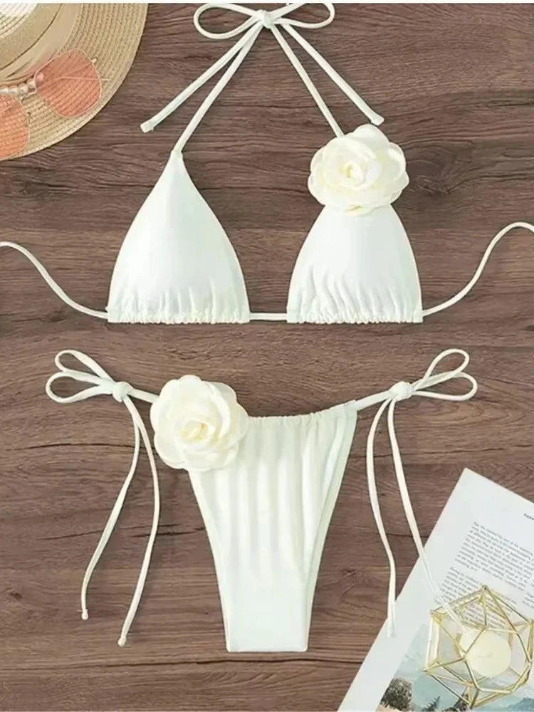Costume da Bagno Sexy con Fiori e Fascia, Bikini a Perizoma 2025, Costumi da Bagno Donna con Lacci, Set Bikini Brasiliano, Biquini Mujer platinumshop