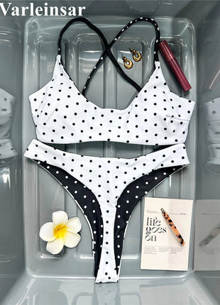 XS - L Nuovo Bikini Micro Thong a Pois da Donna, Costume da Bagno Due Pezzi, Set Bikini V7854 PlatiNum