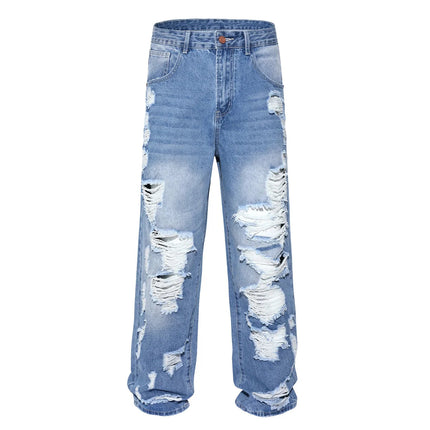 Men's Ripped Baggy Jeans Loose Fit Distressed Denim Pants Light Wash Y2K Streetwear Wide Leg Style PlatiNum