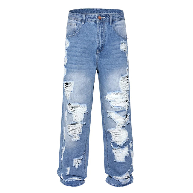 Men's Ripped Baggy Jeans Loose Fit Distressed Denim Pants Light Wash Y2K Streetwear Wide Leg Style PlatiNum