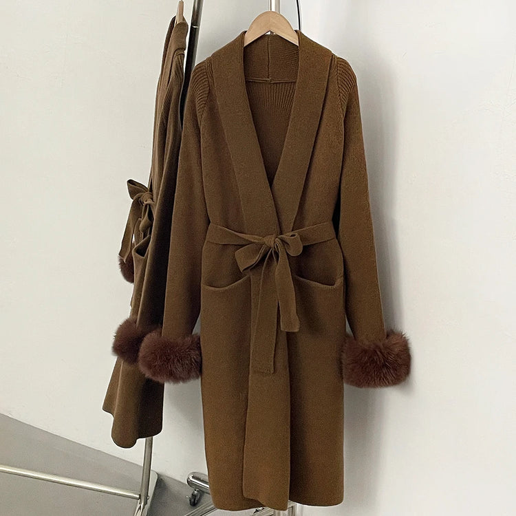 OFTBUY New Winter Long Belted Clothes Outerwear Women Knit Cardigan Real Fox Fur Cuffs Shawl Collar Wrap Knitted Coat Female