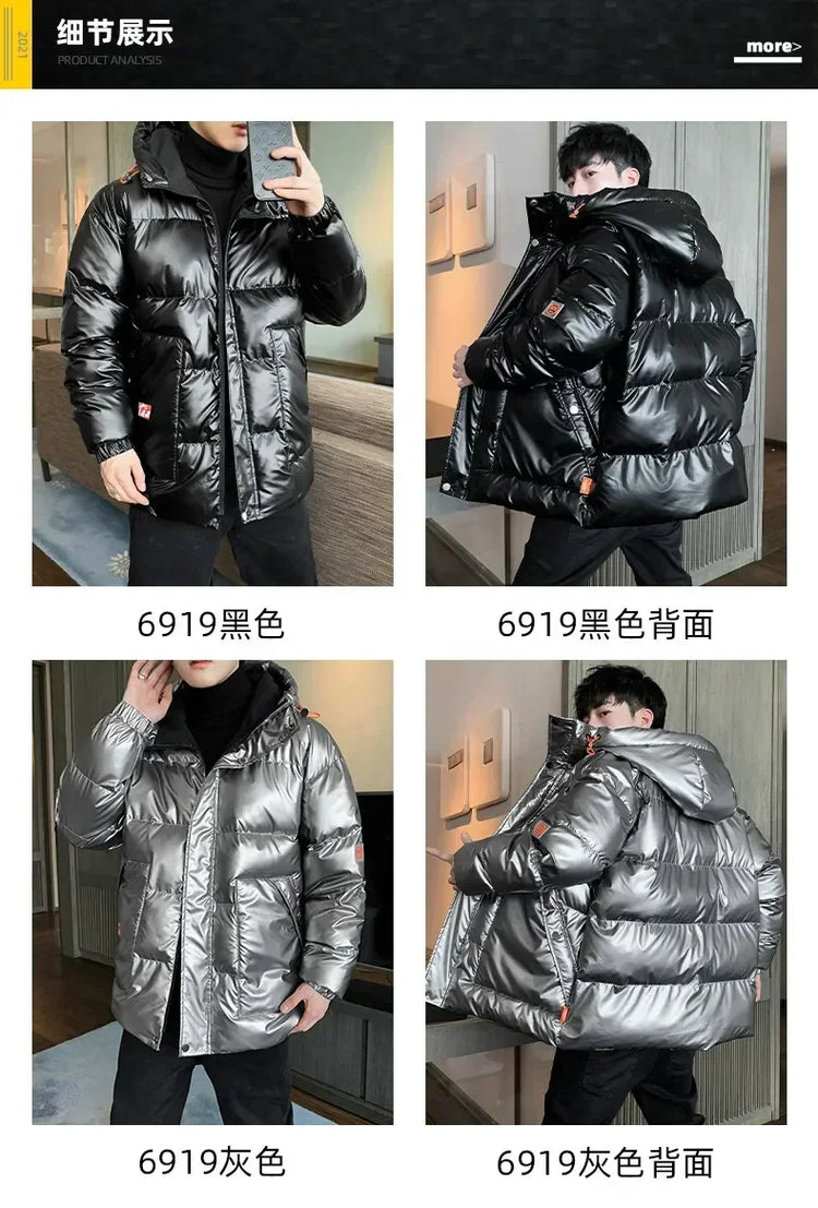Casual Men's Thickened Parka Windproof Fashion Shiny Coats Men Hood Warm Hip HOP Winter Overcoat Men's Cotton-padded Parkas