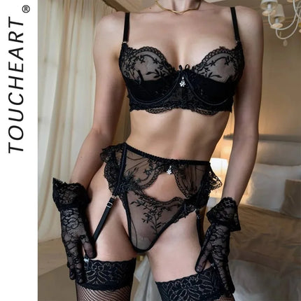 Toucheart Erotic Lingerie New Flower Embroidery Splicing See-through Mesh Hollow Body Shaping Women Sexy Underwear Split Hot Set