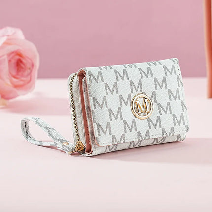 Fashionable Letter Printed Tri-Fold Compact Ladies Wallet Retro Style Card Holder PU Leather Synthetic Interior Daily Use PlatiNum