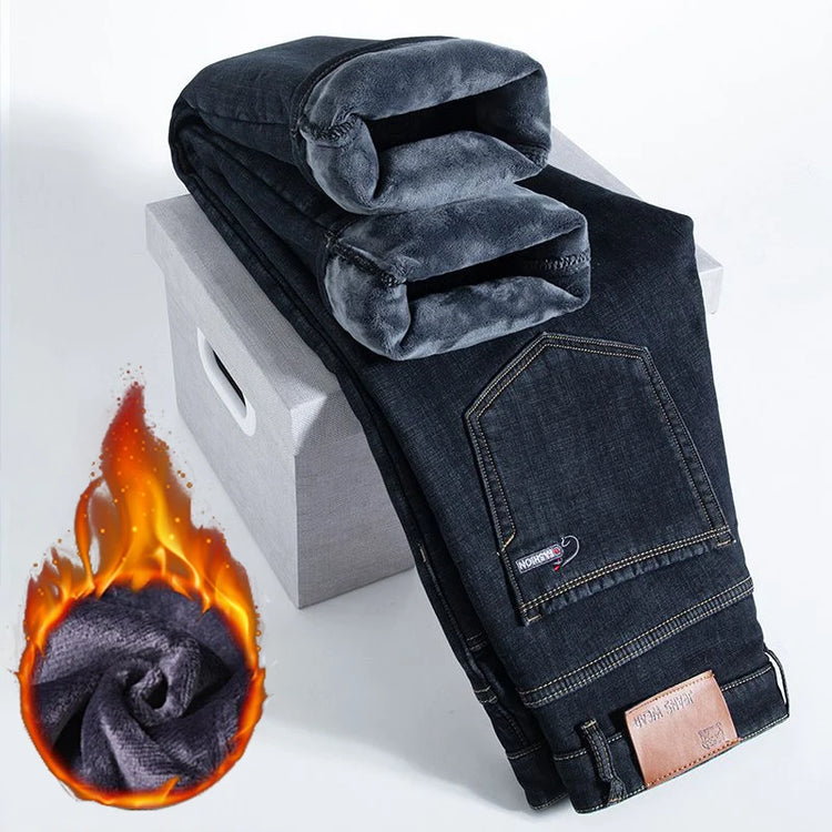 2026 Winter Thermal Stretch Jeans Men New Loose Straight Leg Casual Trousers Male Daily Commute Windproof Denim Pants