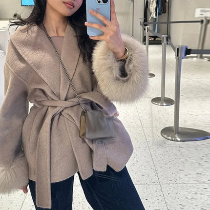 Elegant Women's Lace Up Woolen Coats Solid Full Sleeve Turn-down Collar Loose Lady Coats 2026 Autumn Winter Female Streetwear