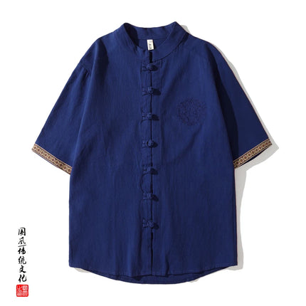 Camicie da Uomo Ricamate in Stile Cinese Retrò, Traspiranti in Lino, Comode, Casual Kung Fu, Abito Tang con Colletto Rialzato