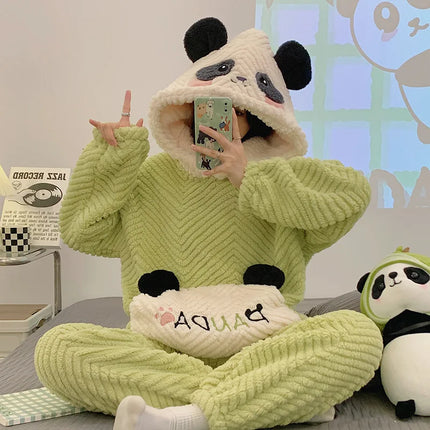 2024 New Plush Pajamas Set for Women Thick Hooded Women 2 Piece Clothes Set Cute Rabbit Women Pyjamas Coral Fleece Warm Homewear