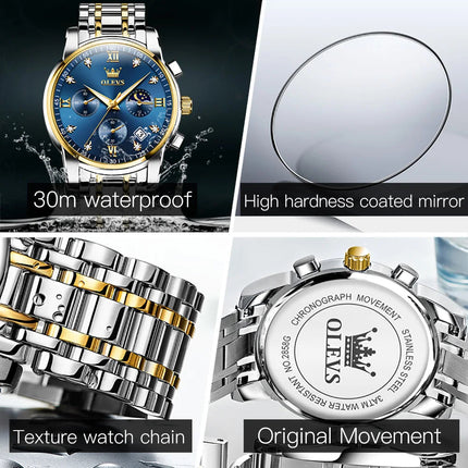 OLEVS 2858 Orologio da Uomo in Acciaio Inossidabile, Impermeabile, Antigraffio, con Fasi Lunari, Luminoso, Cronografo, Orologio da Polso al Quarzo di Lusso platinumshop