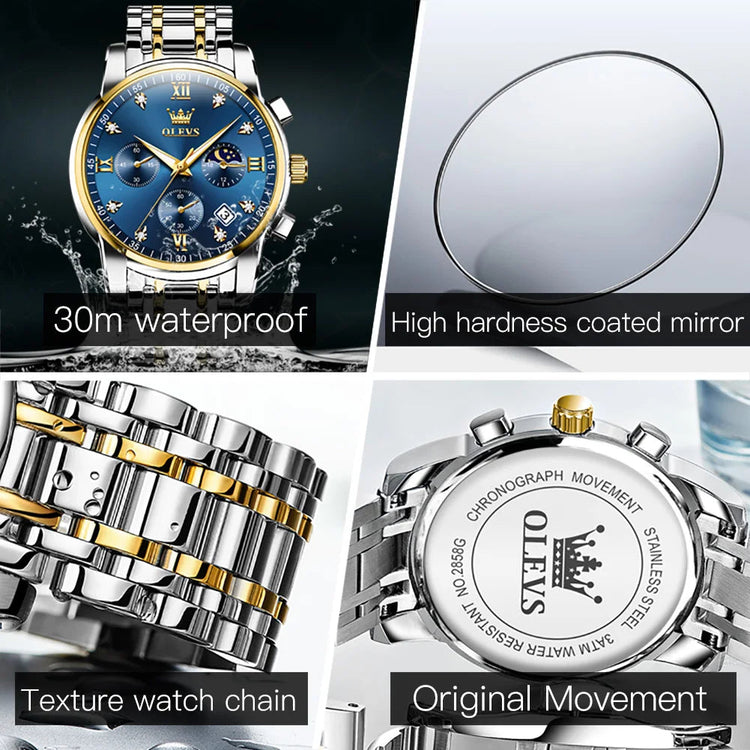 OLEVS 2858 Orologio da Uomo in Acciaio Inossidabile, Impermeabile, Antigraffio, con Fasi Lunari, Luminoso, Cronografo, Orologio da Polso al Quarzo di Lusso platinumshop