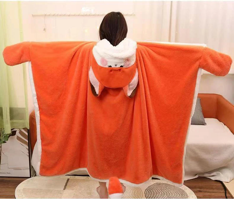 Winter Cartoon Fox Thick Wearable Blanket Nap Cloak Nightgown Office Blanket Adult Cloak
