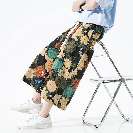 Pantaloncini da uomo estivi Stampa Pantaloni da spiaggia traspiranti a gamba larga Pantaloni larghi casual alla moda Vita elastica Comodi pantaloni al polpaccio da uomo