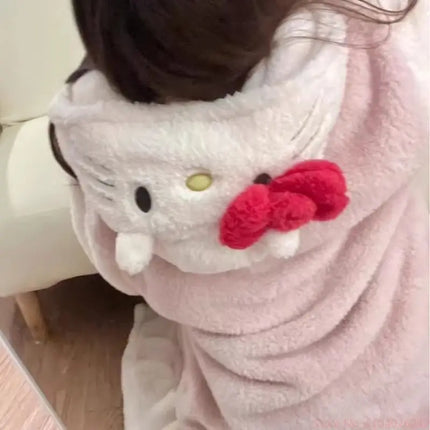 2025 Hello Kitty Pajamas Women'S Autumn And Winter Coral Velvet Thickened Bathrobe Cute Winter Nightgown Long Women'S Suit