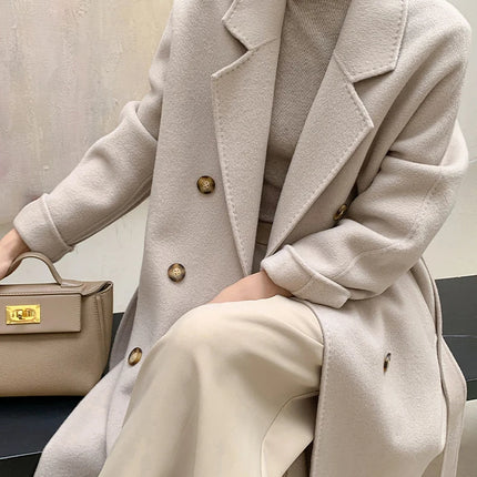Ladies' 100% Cashmere Thick Double-Sided Extended Coat, Classic, Versatile and Fashionable for Business and Leisure