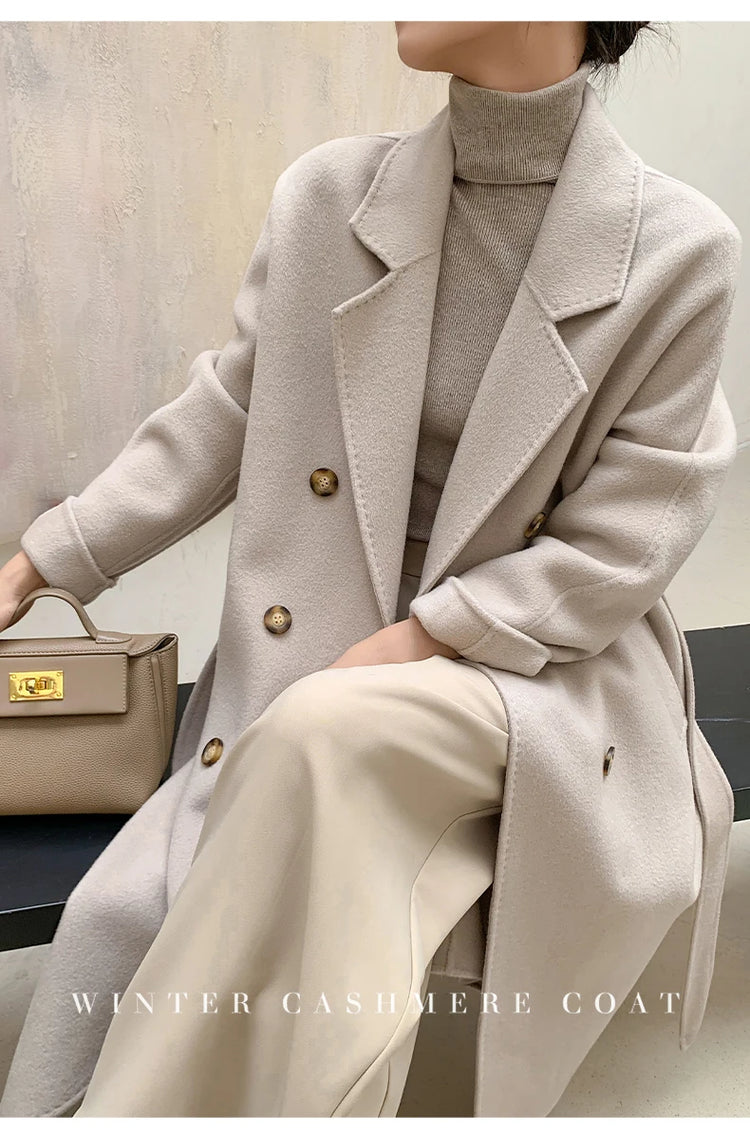Ladies' 100% Cashmere Thick Double-Sided Extended Coat, Classic, Versatile and Fashionable for Business and Leisure