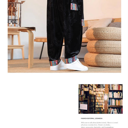 Pantaloni da uomo Kung Fu Tai Chi Pantaloni casual tradizionali da uomo stile cinese retrò allentato fiore scuro drago stampa pantaloni a gamba larga da uomo