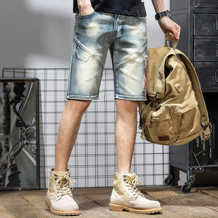 Pantaloncini di jeans da uomo estivi Retro moto cotone elastico moda jeans corti al ginocchio cerniera Hip Hop Rock Streetwear