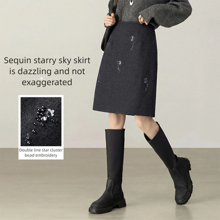 SENTUBILA Women's Straight Skirt 2025 Office Lady Wool Blend Sequin Beading Mid Length Skirt Winter Clothing for Women 154QF6318 PlatiNum