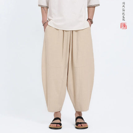 Pantaloni Harem in Cotone e Lino da Uomo, Casual, Traspiranti, Comodi, Estivi, Lunghezza al Polpaccio, Taglie Forti fino a 5XL