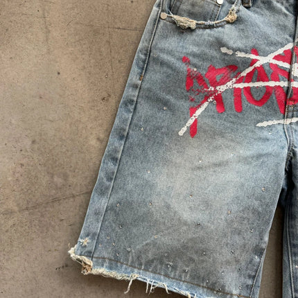 Y2K Graffiti Jorts Pantaloncini di jeans stampati effetto consumato con strass Uomo Donna Tendenza Retro Hip Hop Streetwear Pantaloni corti larghi unisex