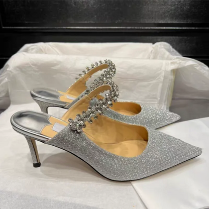 European and American Women Slippers 2025 Summer New Rhinestone High Heels Pointed Temperament Muller Shoes