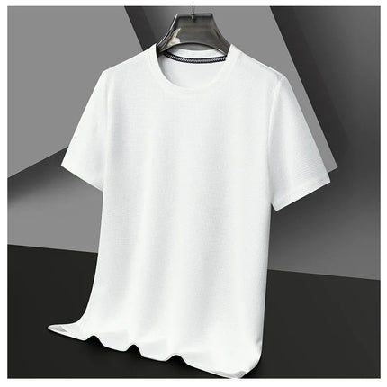 New Summer Waffle Round Neck Short Sleeved T-shirt for Men's Short Sleeved Top PlatiNum