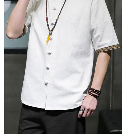 Camicie da Uomo Ricamate in Stile Cinese Retrò, Traspiranti in Lino, Comode, Casual Kung Fu, Abito Tang con Colletto Rialzato