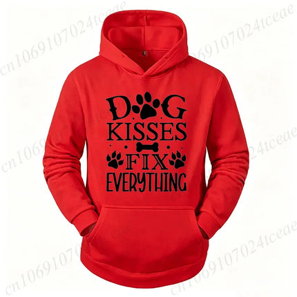 Dog Lover Hoodies Funny Quote "Dog Kisses Fix Everything" Pet Paw Print Graphic Sweatshirts Long Sleeve Hoody Autumn Hoodie Gift