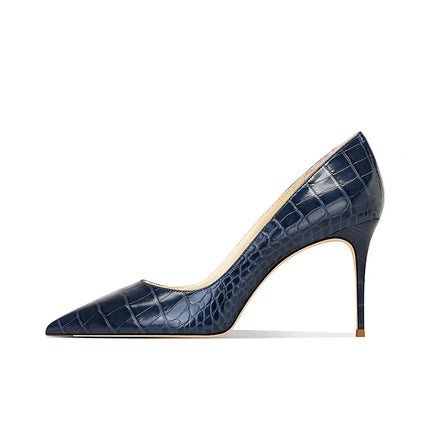 2025 New Blue Crocodile Leather High Heels Women Pointed Toe Stiletto Elegant Office Shoes